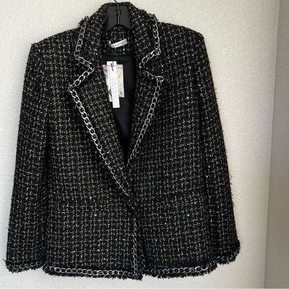 NWT Alice + Olivia Shan Tweed Chain Trim Blazer Jacket Black Metallic Size 0 - Picture 10 of 16